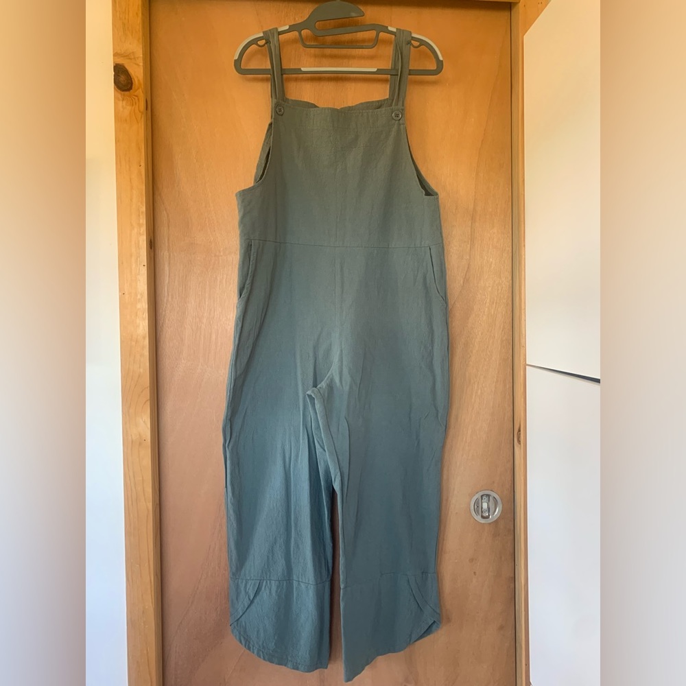 Women’s Overalls | Linen-blend | Size Small, Adjustable | POCKETS | Blue Green